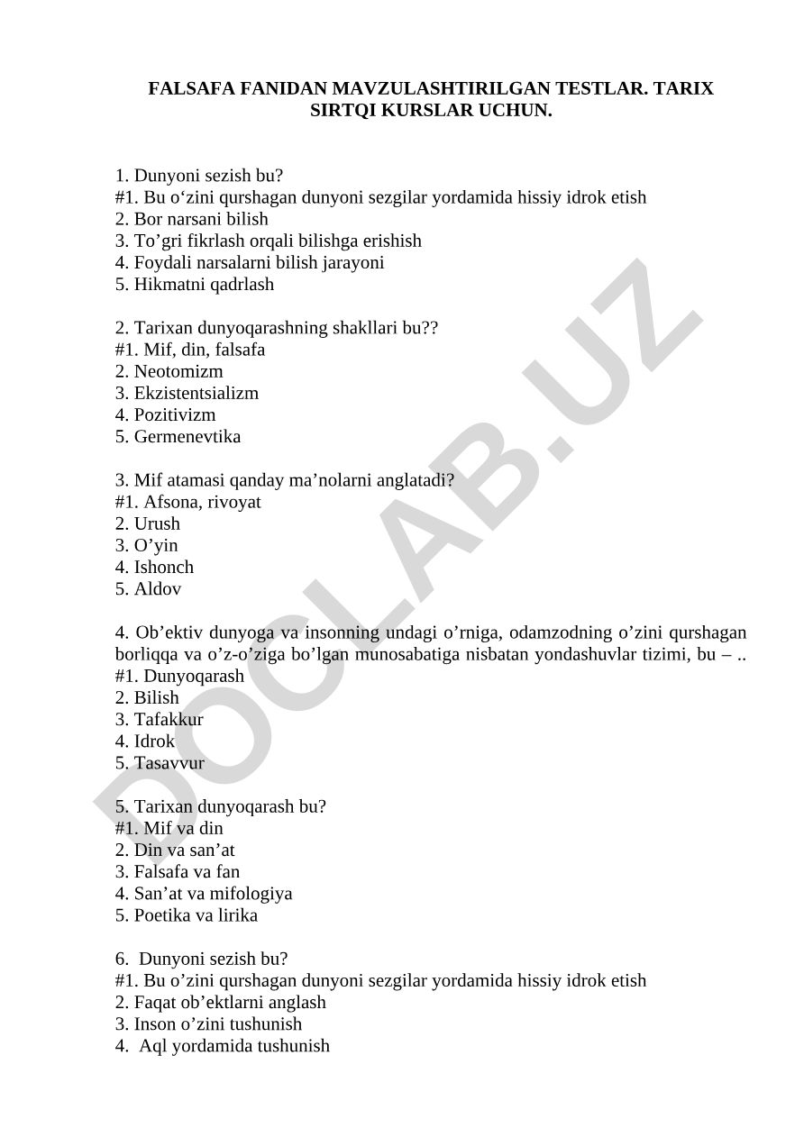 Falsafa fanidan mavzulashtirilgan testlar