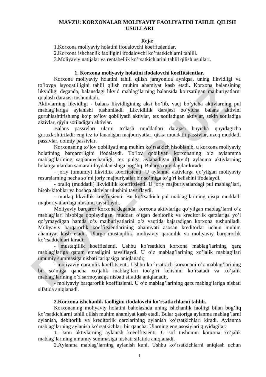 Korxonalar moliyaviy faoliyatini tahlil qilish usullari