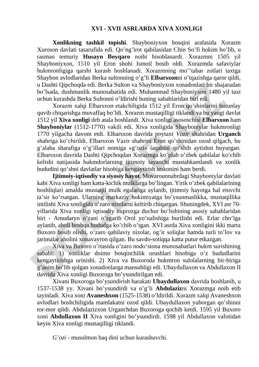 XVI-XVII asrlarda Xiva xonligining tashkil topishi va Elbarsxon davri