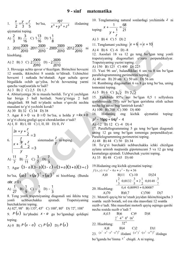9-sinf matematika masalalari to'plami