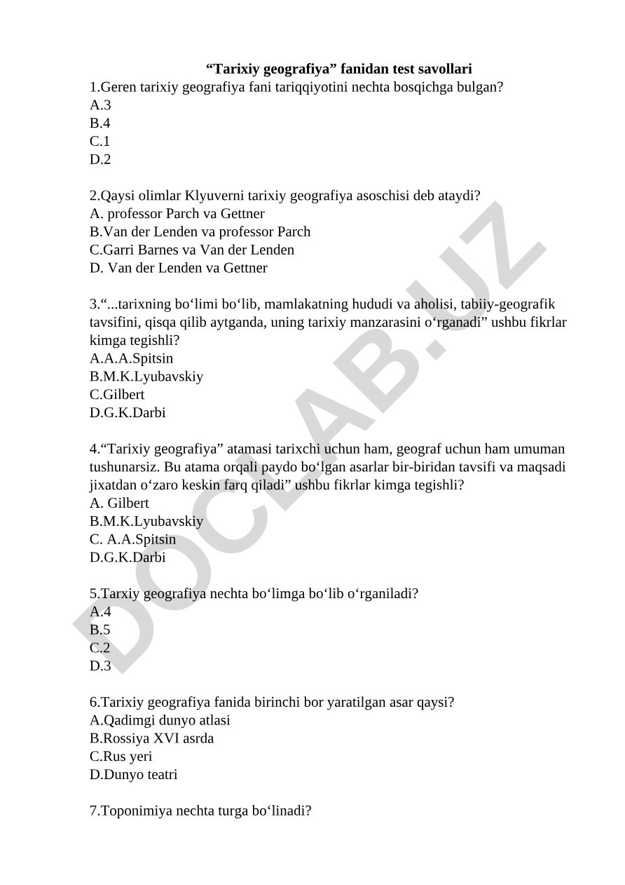 Tarixiy geografiya fanidan test savollari