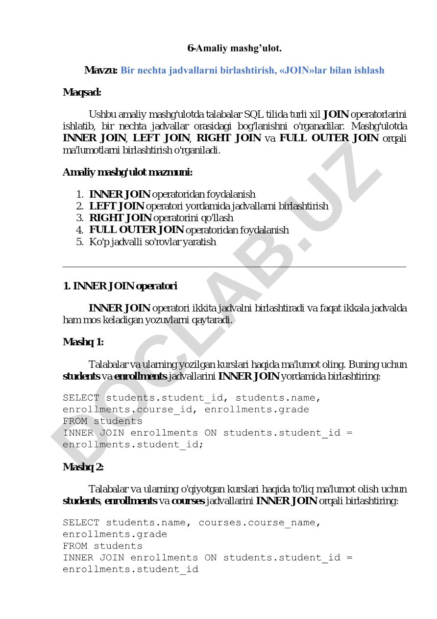 Bir nechta jadvallarni birlashtirish, «JOIN»lar bilan ishlash