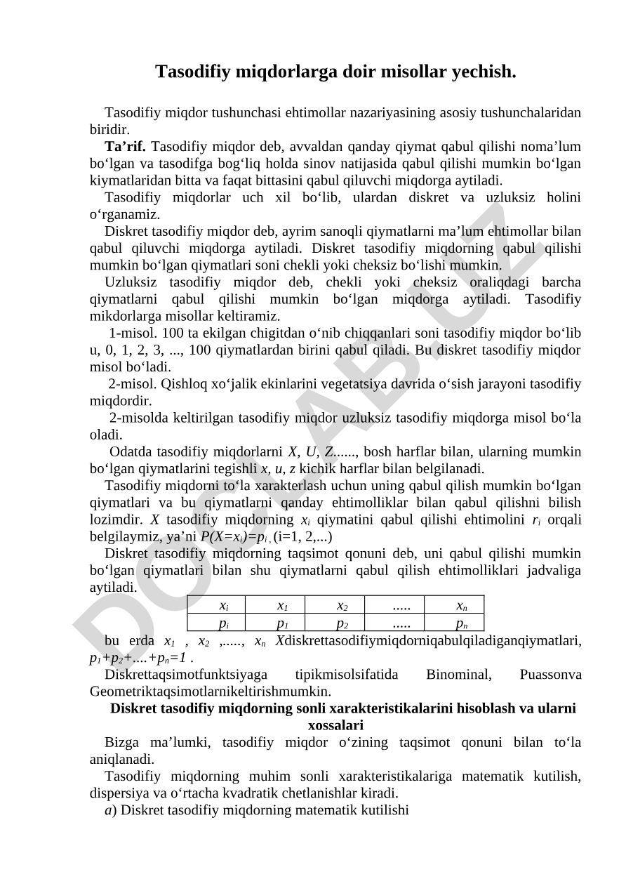 Tasodifiy miqdorlarga doir misollar yechish