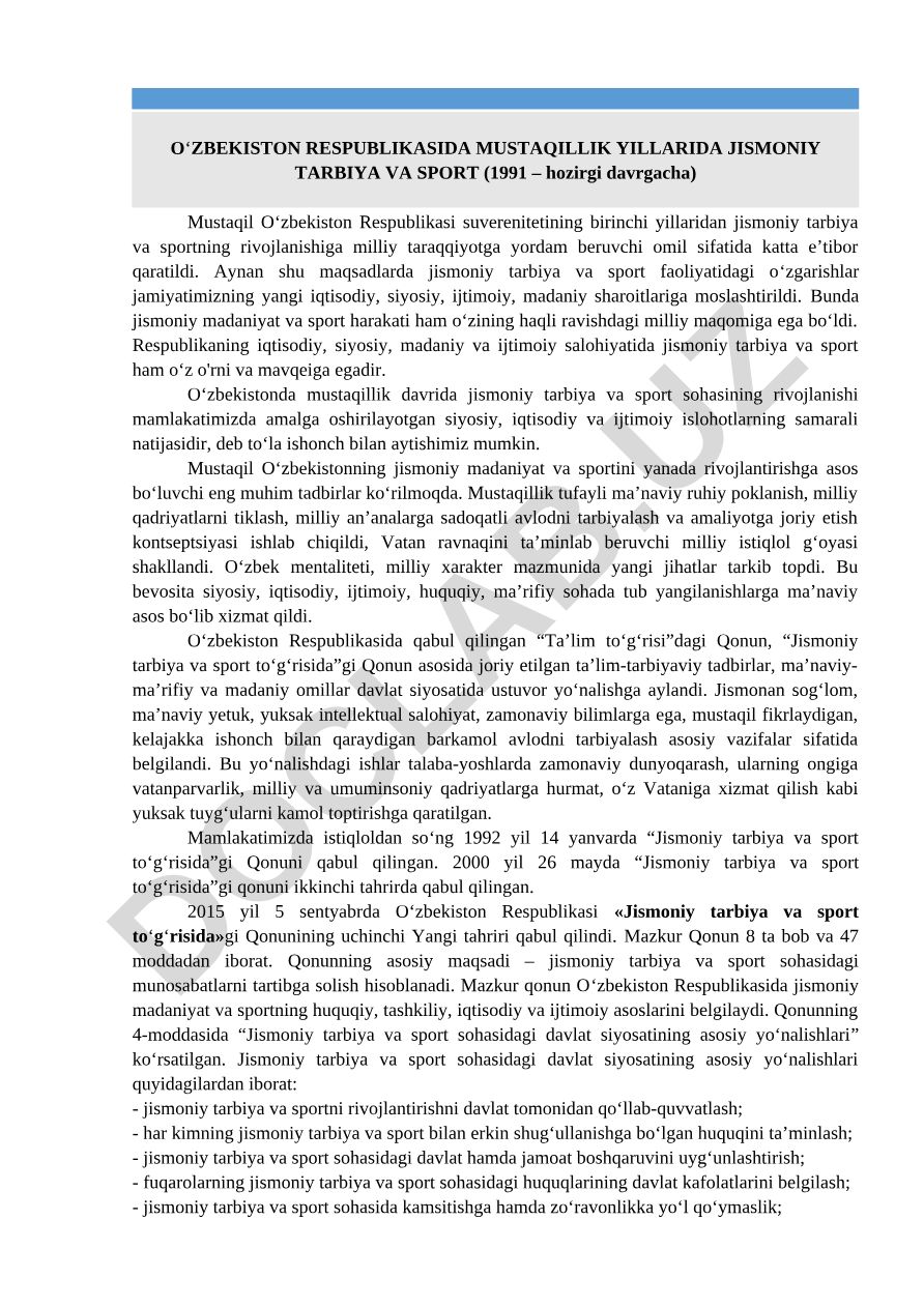 O‘zbekiston Respublikasida mustaqillik yillarida jismoniy tarbiya va sport (1991 – hozirgi davrgacha)
