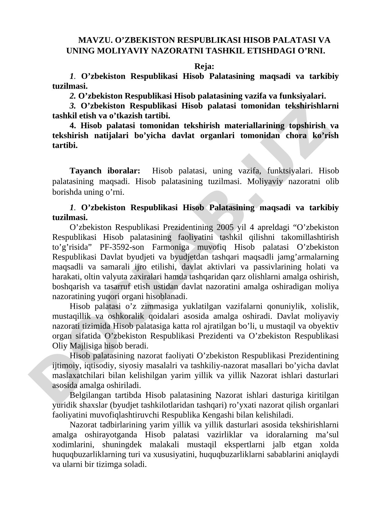 O'zbekiston Respublikasi Hisob Palatasi va uning moliyaviy nazoratni tashkil etishdagi o'rni