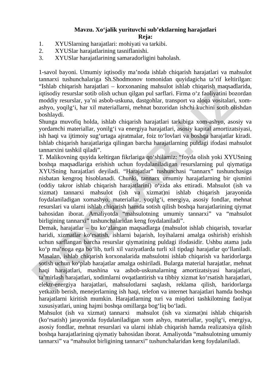 Xo‘jalik yurituvchi sub’ektlarning harajatlari