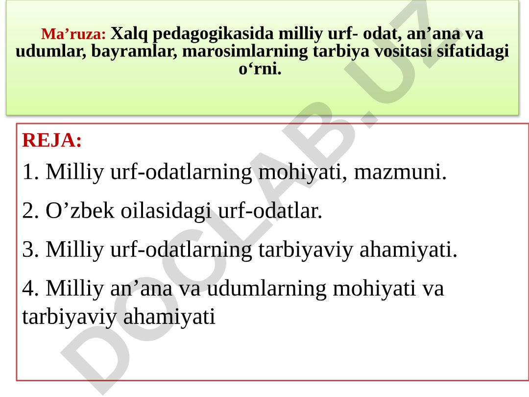 Xalq pedagogikasida milliy urf-odat, an'ana va udumlar, bayramlar, marosimlarning tarbiya vositasi sifatidagi o‘rni