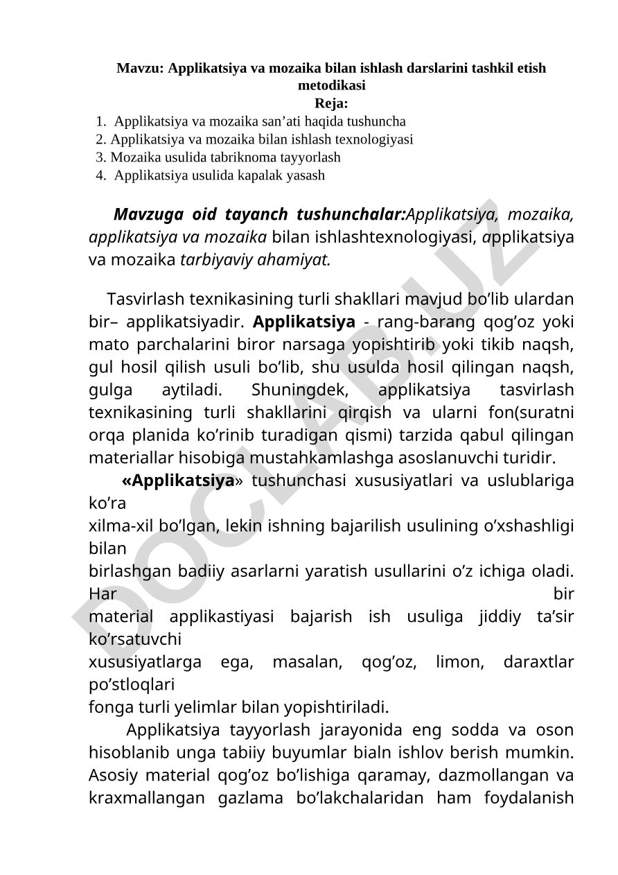 Applikatsiya va mozaika bilan ishlash darslarini tashkil etish metodikasi