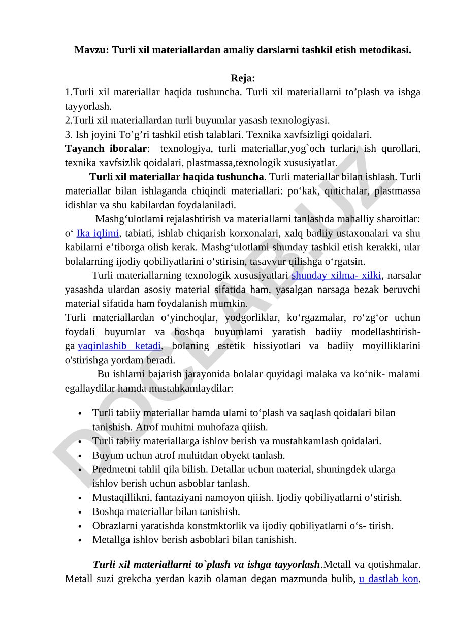 Turli xil materiallardan amaliy darslarni tashkil etish metodikasi