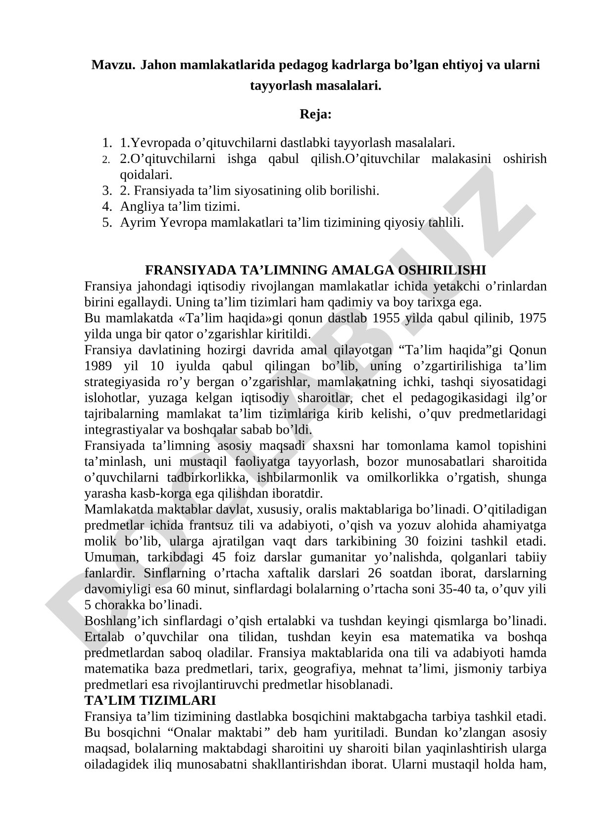 Jahon mamlakatlarida pedagog kadrlarga bo'lgan ehtiyoj va ularni tayyorlash masalalari