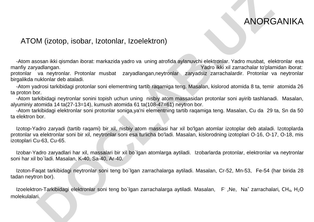 Anorganika atom tuzilishi: izotop, izobar, izoton va izoelektronlar