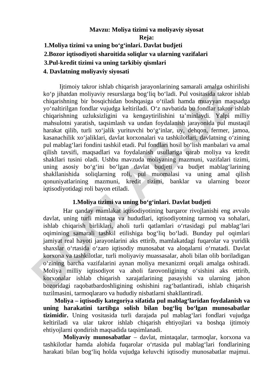 Moliya tizimi va moliyaviy siyosat
