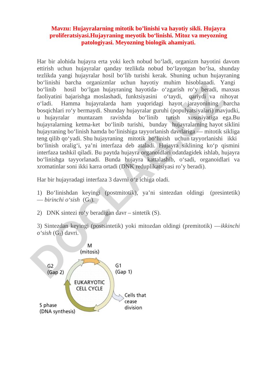 Hujayralarning mitotik bo’linishi va hayotiy sikli. Hujayra proliferatsiyasi.Hujayraning meyotik bo‘linishi. Mitoz va meyozning patologiyasi. Meyozning biologik ahamiyati