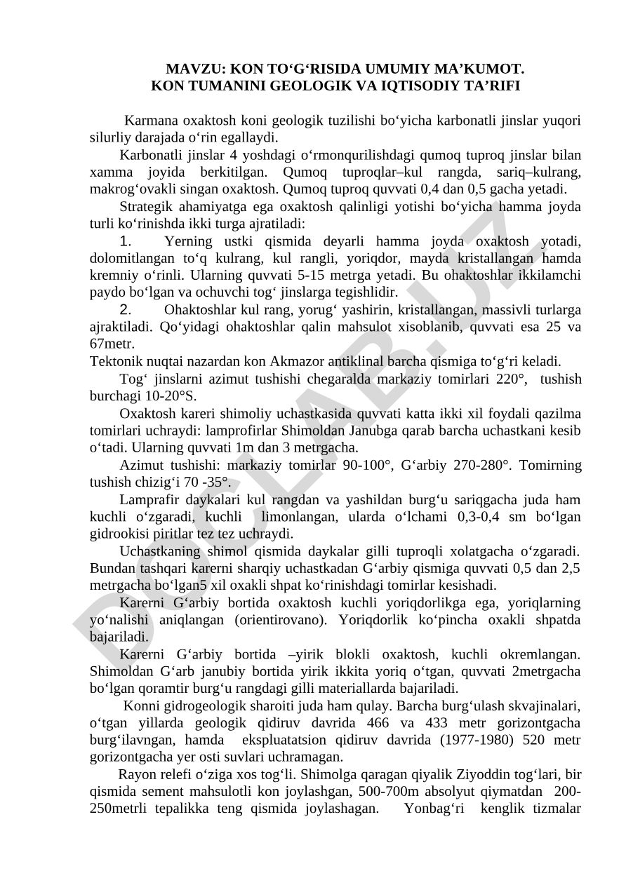 KON TO‘G‘RISIDA UMUMIY MA’KUMOT. KON TUMANINI GEOLOGIK VA IQTISODIY TA’RIFI