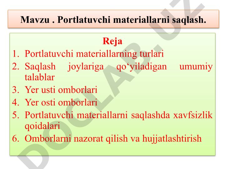 Portlatuvchi materiallarni saqlash
