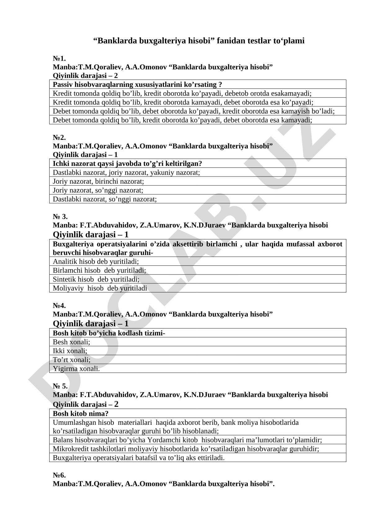 Banklarda buxgalteriya hisobi fanidan test savollari