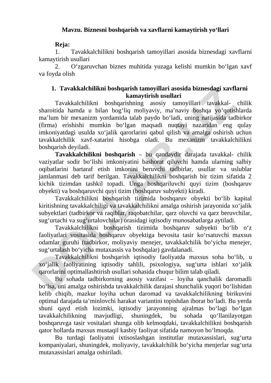 Biznesni boshqarish va xavflarni kamaytirish yo‘llari
