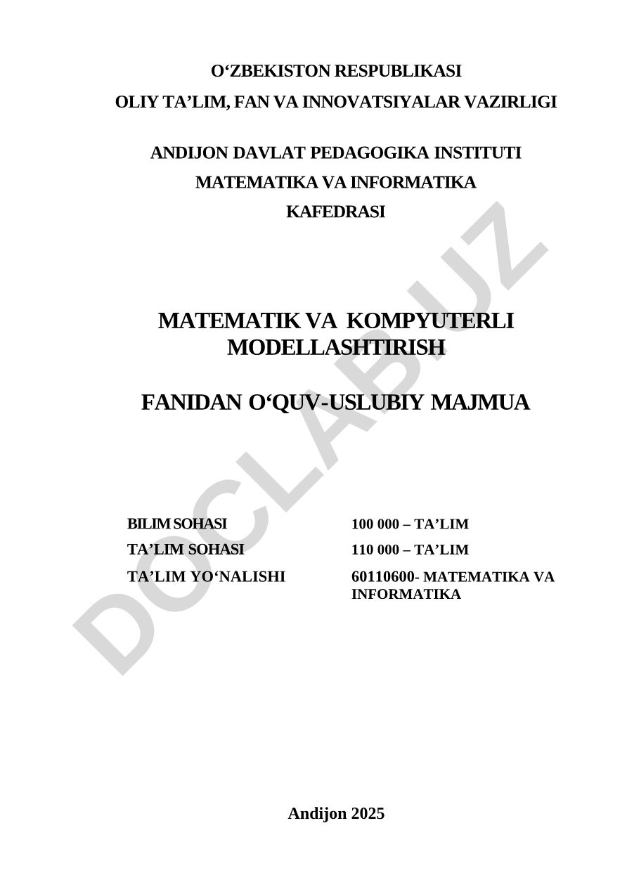 Matematik va kompyuterli modellashtirish fanining o'quv-uslubiy majmuasi