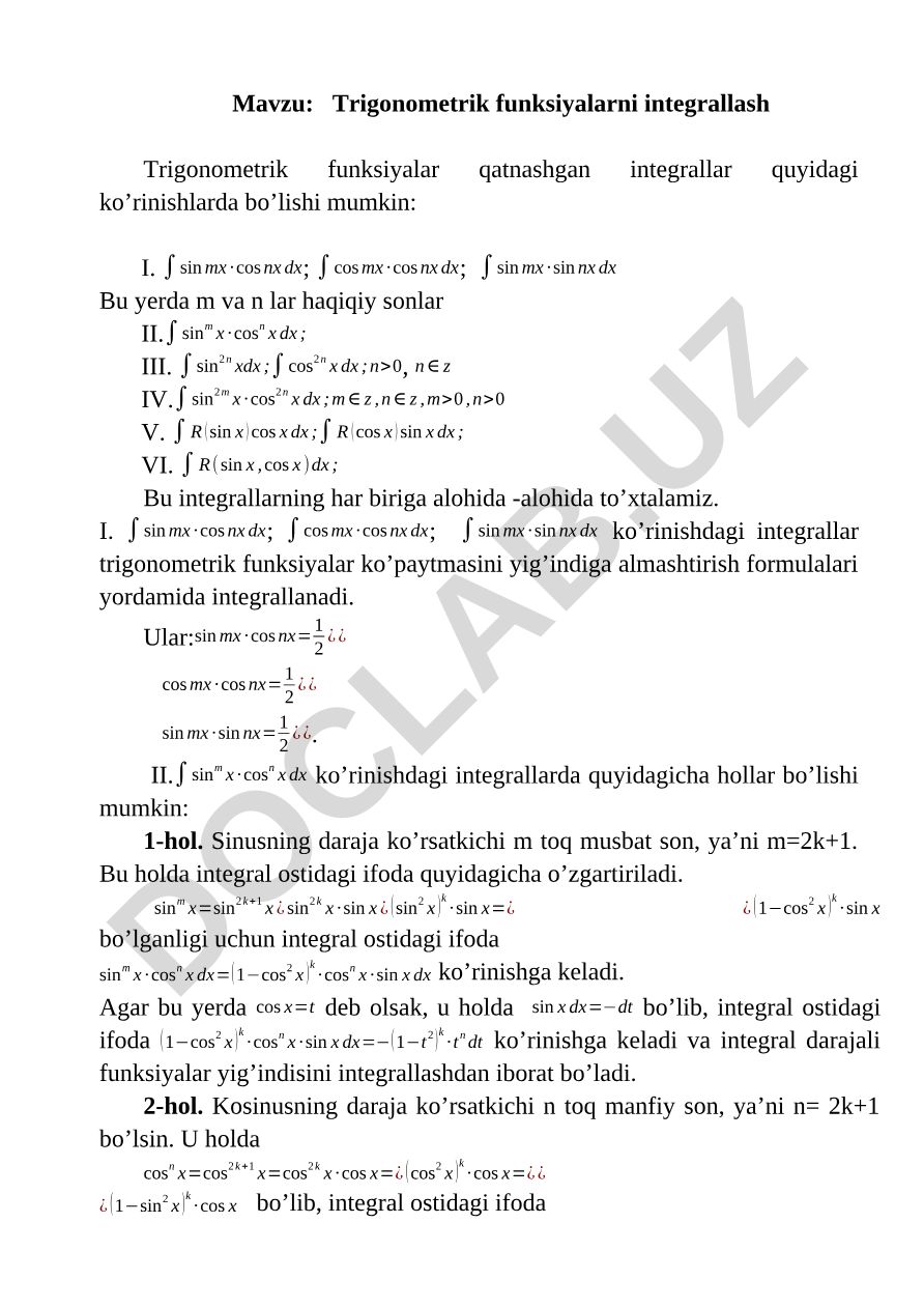 Trigonometrik funksiyalarni integrallash