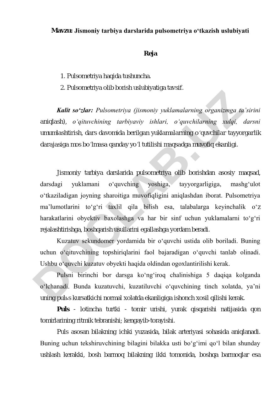 Jismoniy tarbiya darslarida pulsometriya oʻtkazish uslubiyati
