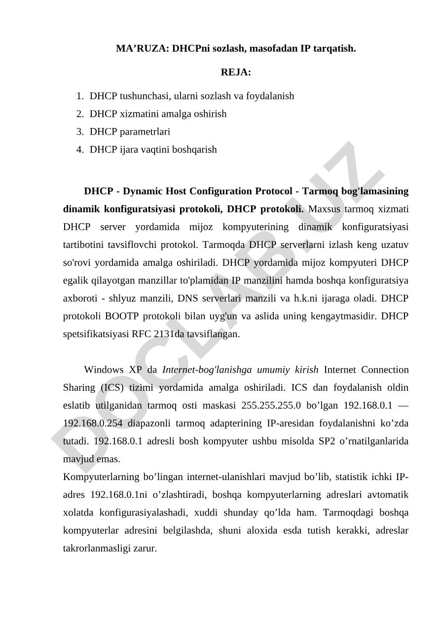 DHCPni sozlash, masofadan IP tarqatish