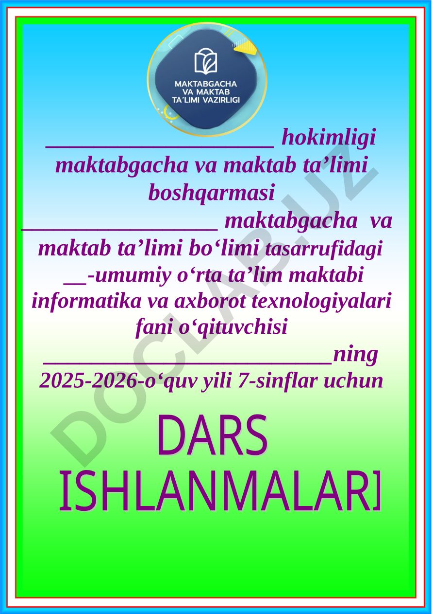 7-sinf informatika va axborot texnologiyalari fanidan taqvim mavzu rejasi