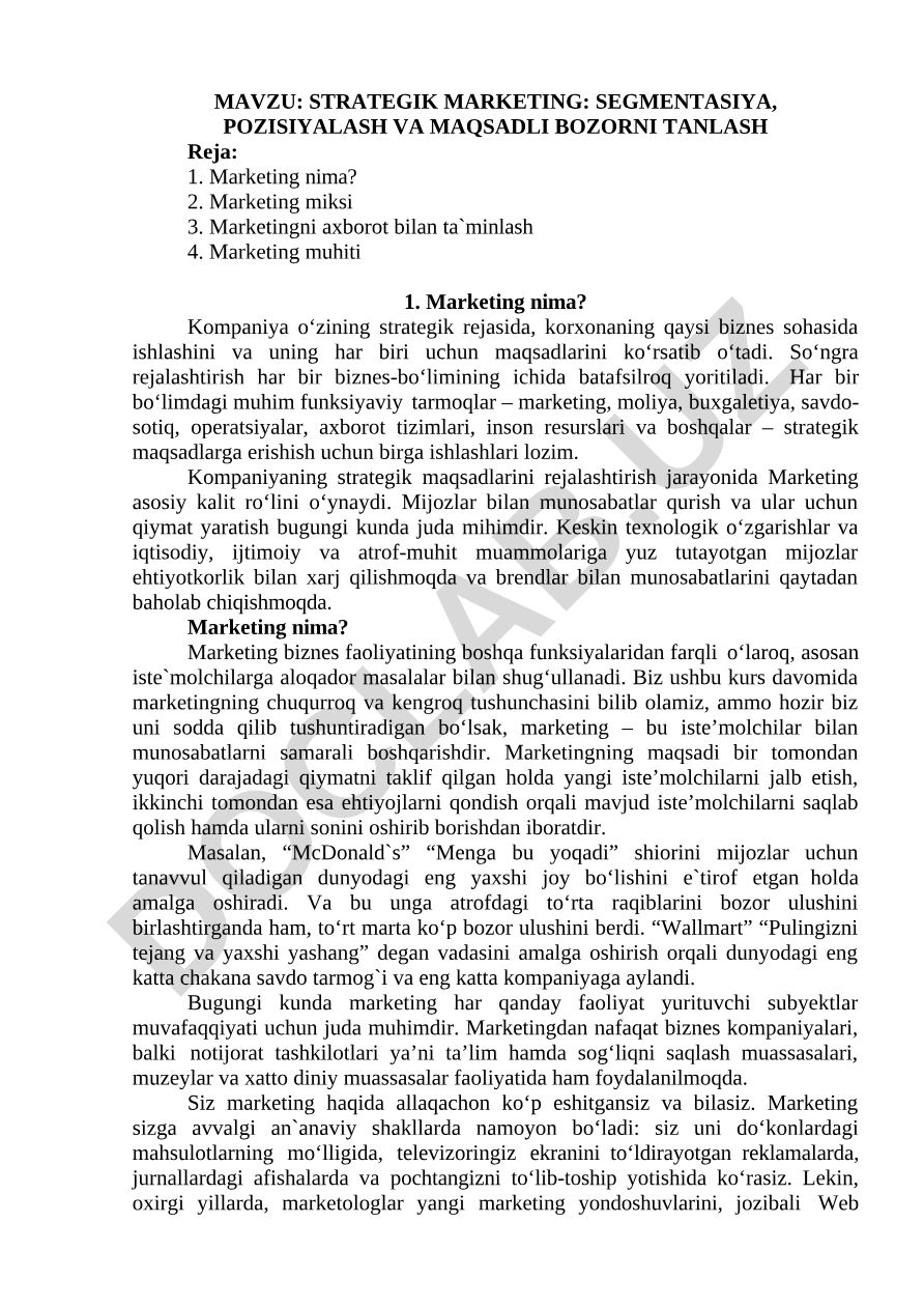 STRATEGIK MARKETING: SEGMENTASIYA, POZISIYALASH VA MAQSADLI BOZORNI TANLASH