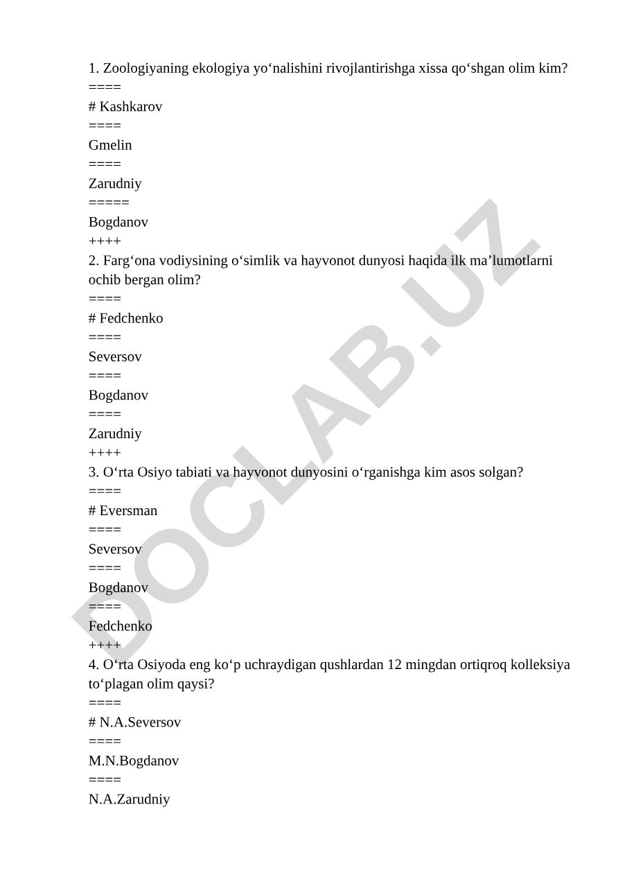 Zoologiya va ekologiya fanlari bo'yicha test savollari