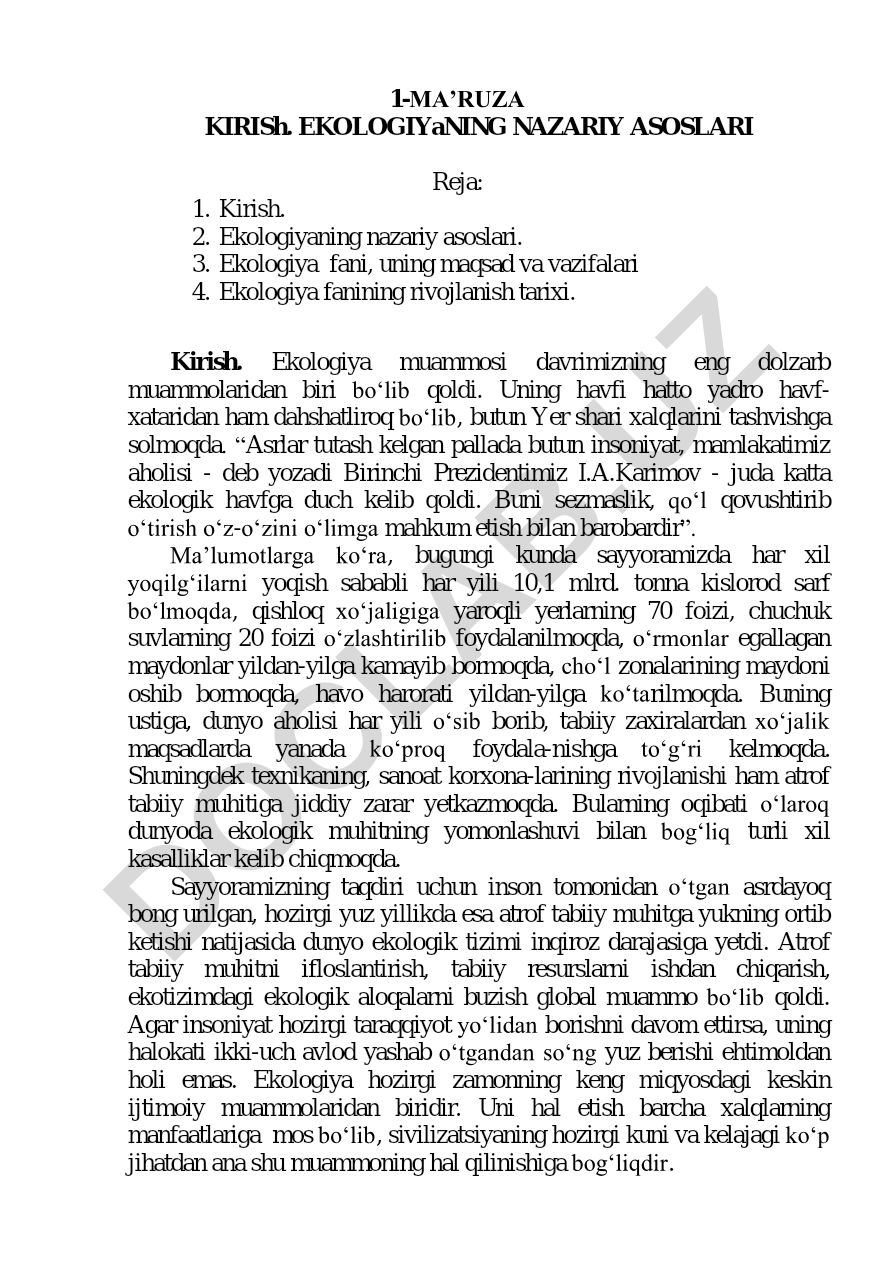 Ekologiyaning nazariy asoslari