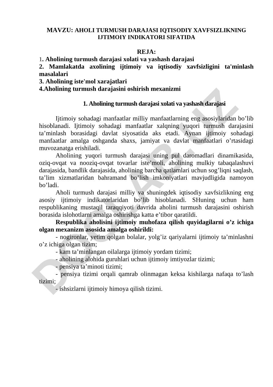 AHOLI TURMUSH DARAJASI IQTISODIY XAVFSIZLIKNING IJTIMOIY INDIKATORI SIFATIDA