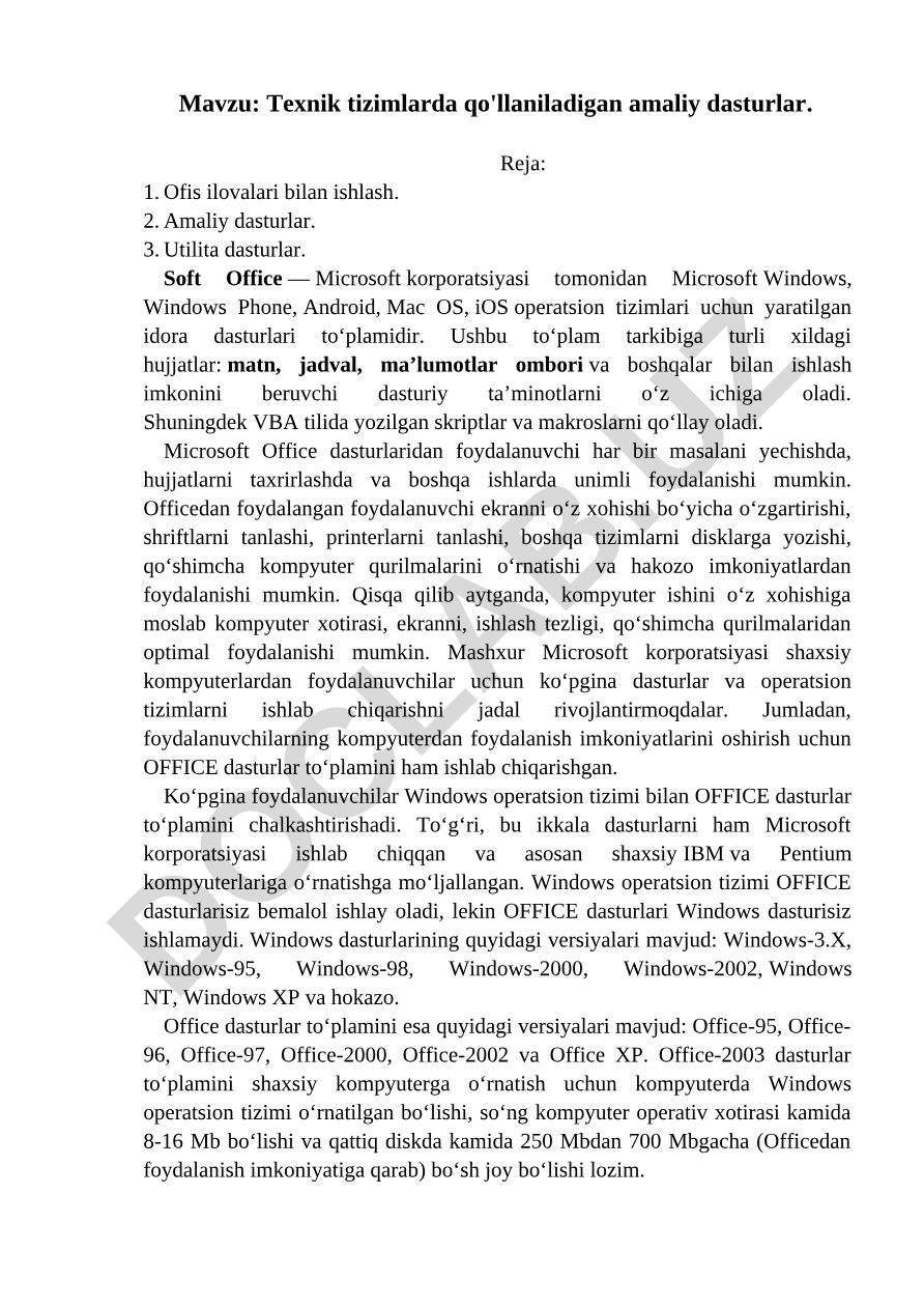 Texnik tizimlarda qo'llaniladigan amaliy dasturlar