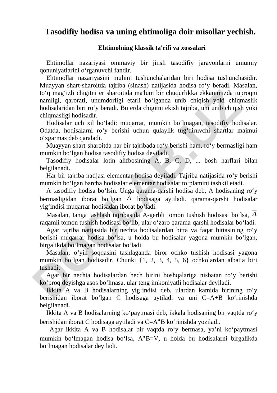 Tasodifiy hodisa va ehtimolning klassik ta'rifi