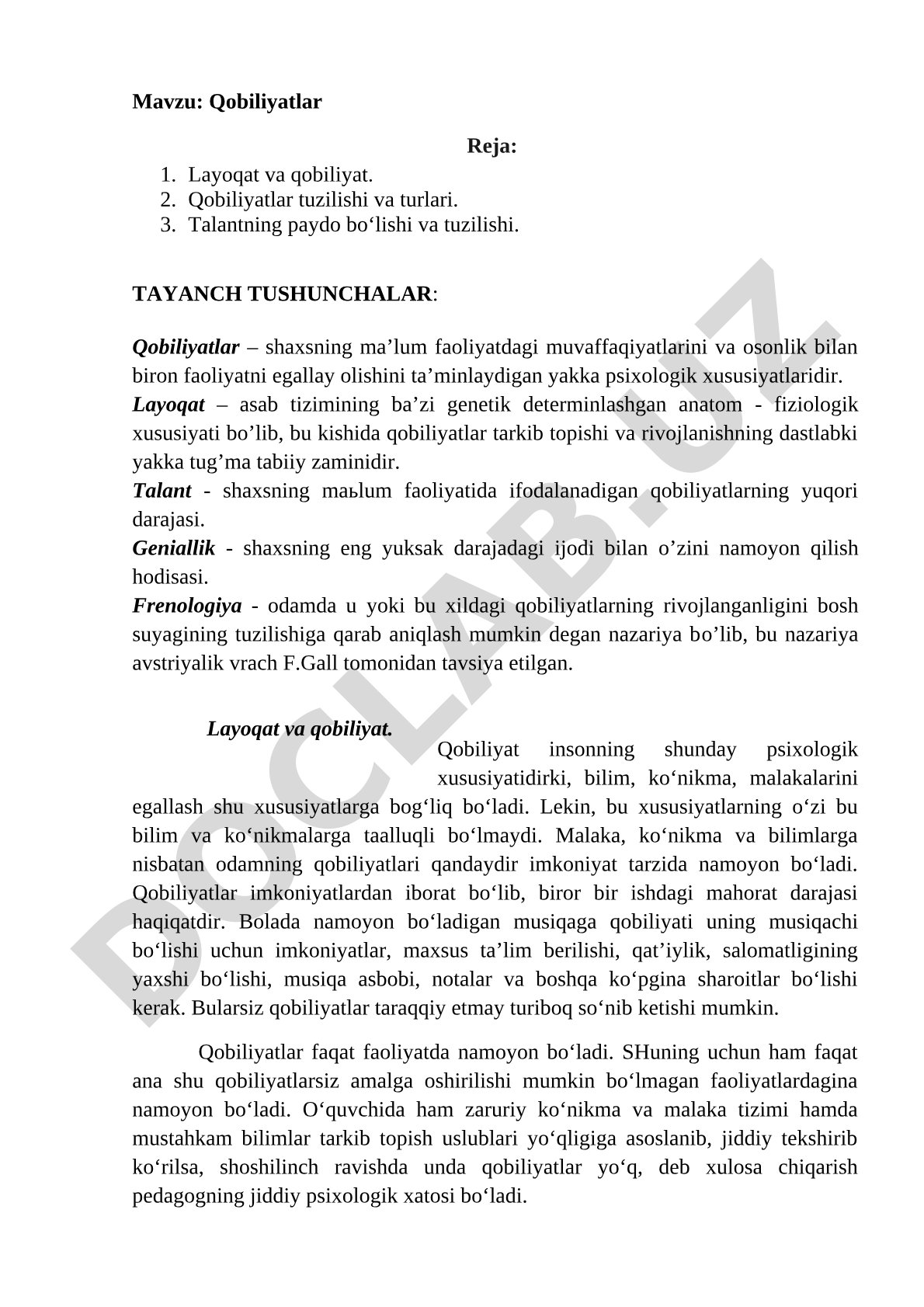 Qobiliyatlar Reja: Layoqat va qobiliyat. Qobiliyatlar tuzilishi va turlari. Talantning paydo bo‘lishi va tuzilishi
