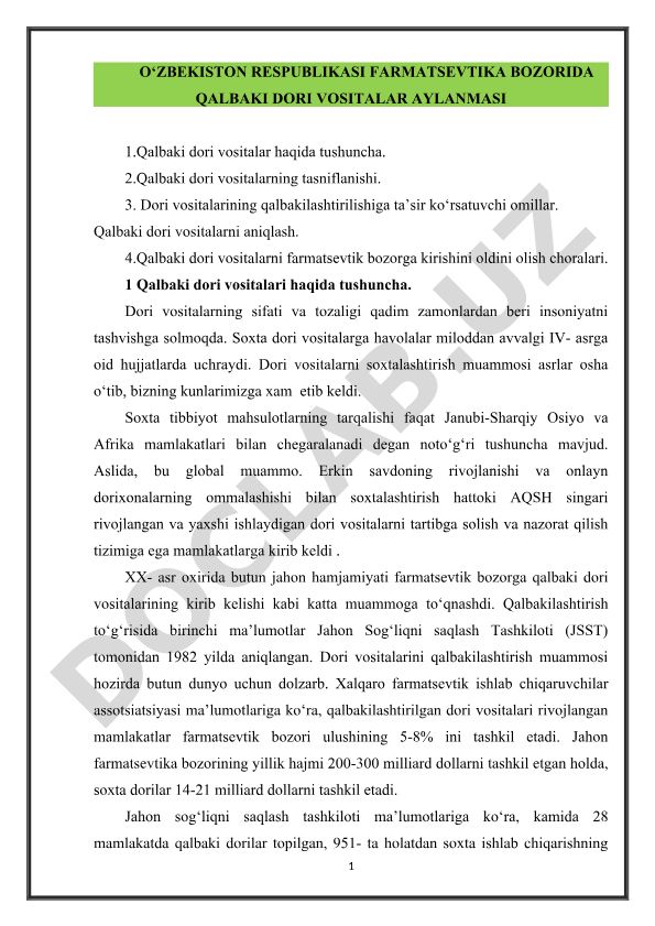 O‘zbekiston Respublikasi farmatsevtika bozorida qalbaki dori vositalar aylanmasi