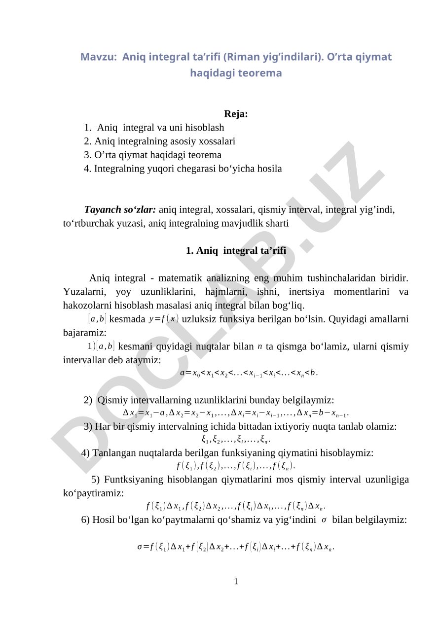 Aniq integral ta’rifi (Riman yig’indilari). O’rta qiymat haqidagi teorema