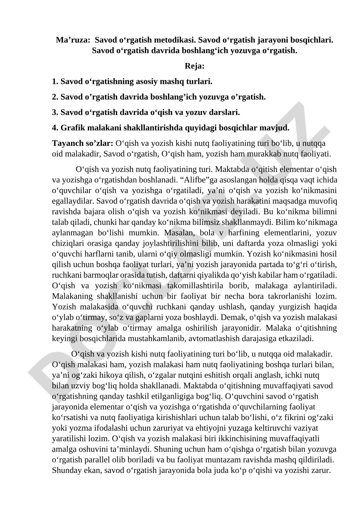 Savod oʻrgatish metodikasi va boshlangʻich yozuvga oʻrgatish