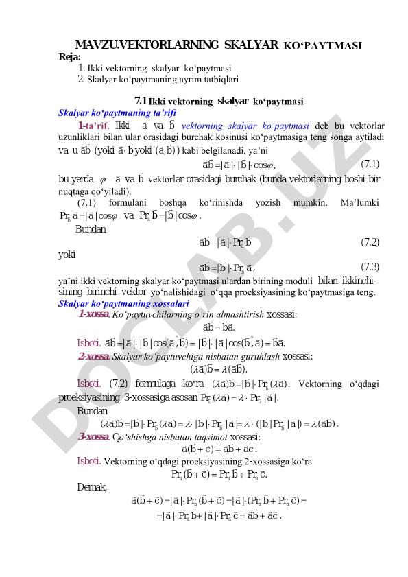 Vektorlarning skalyar ko'paytmasi
