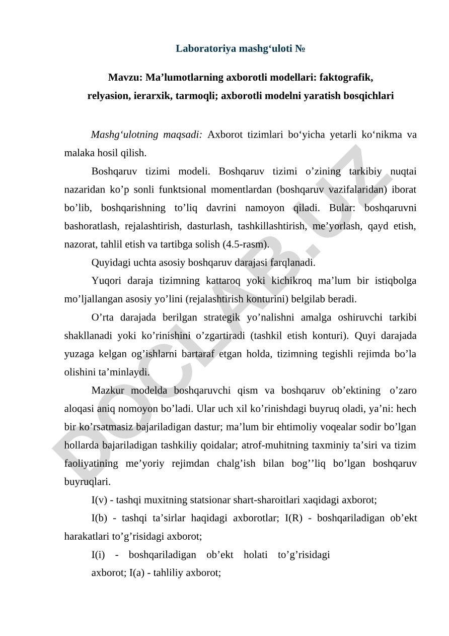Ma’lumotlarning axborotli modellari: faktografik, relyasion, ierarxik, tarmoqli; axborotli modelni yaratish bosqichlari