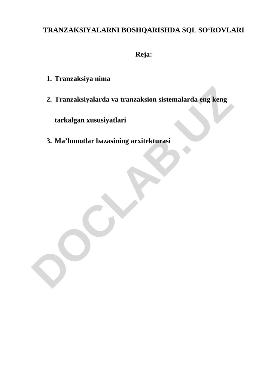 Tranzaksiyalarni boshqarishda SQL so'rovlari