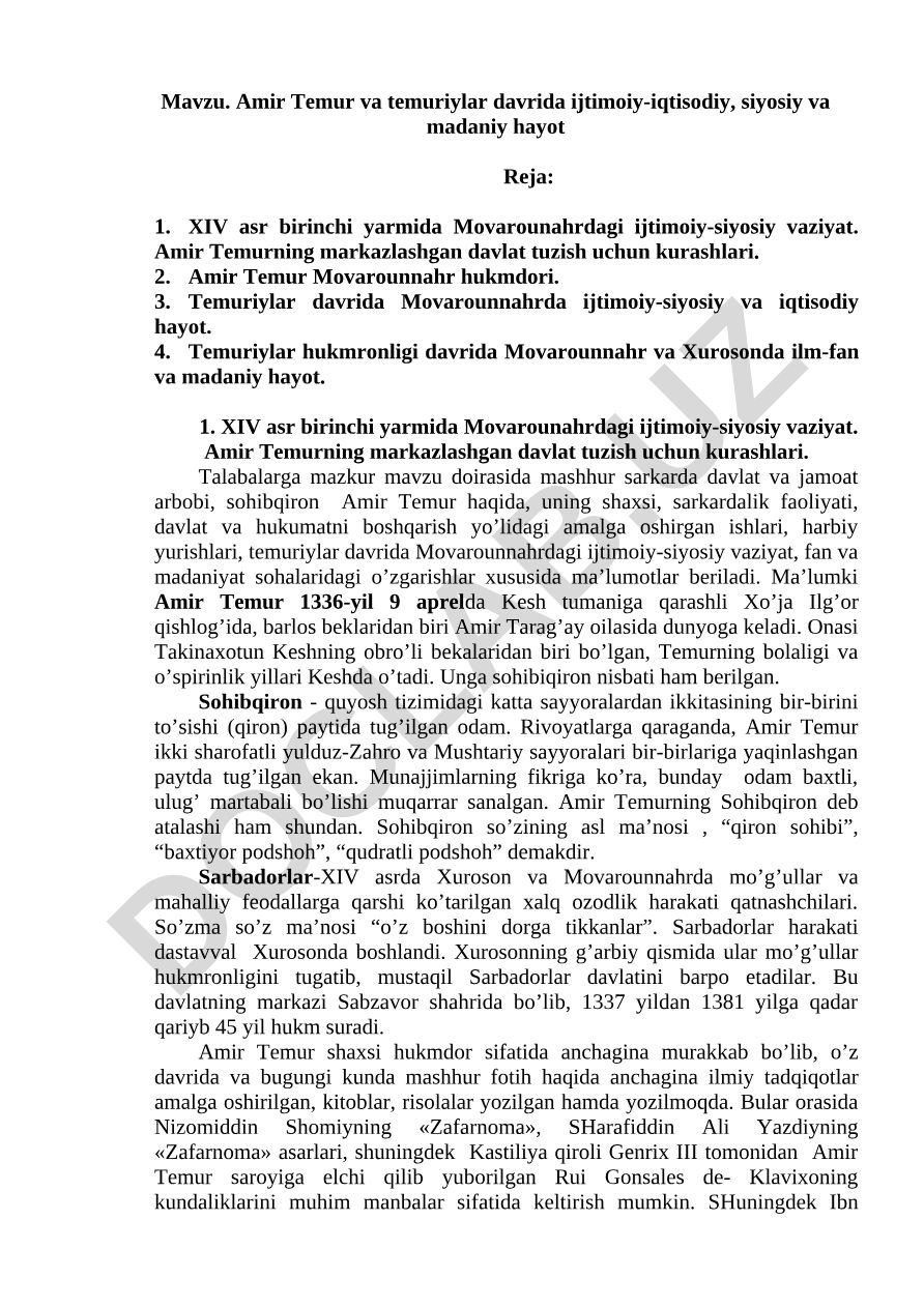 Amir Temur va temuriylar davrida ijtimoiy-iqtisodiy, siyosiy va madaniy hayot