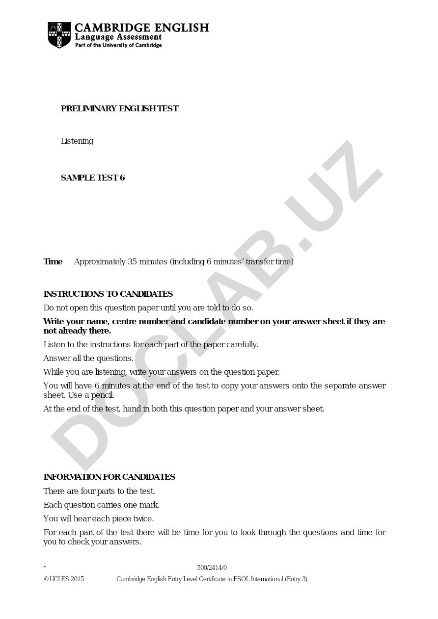 Preliminary English Test Listening Sample Test 6