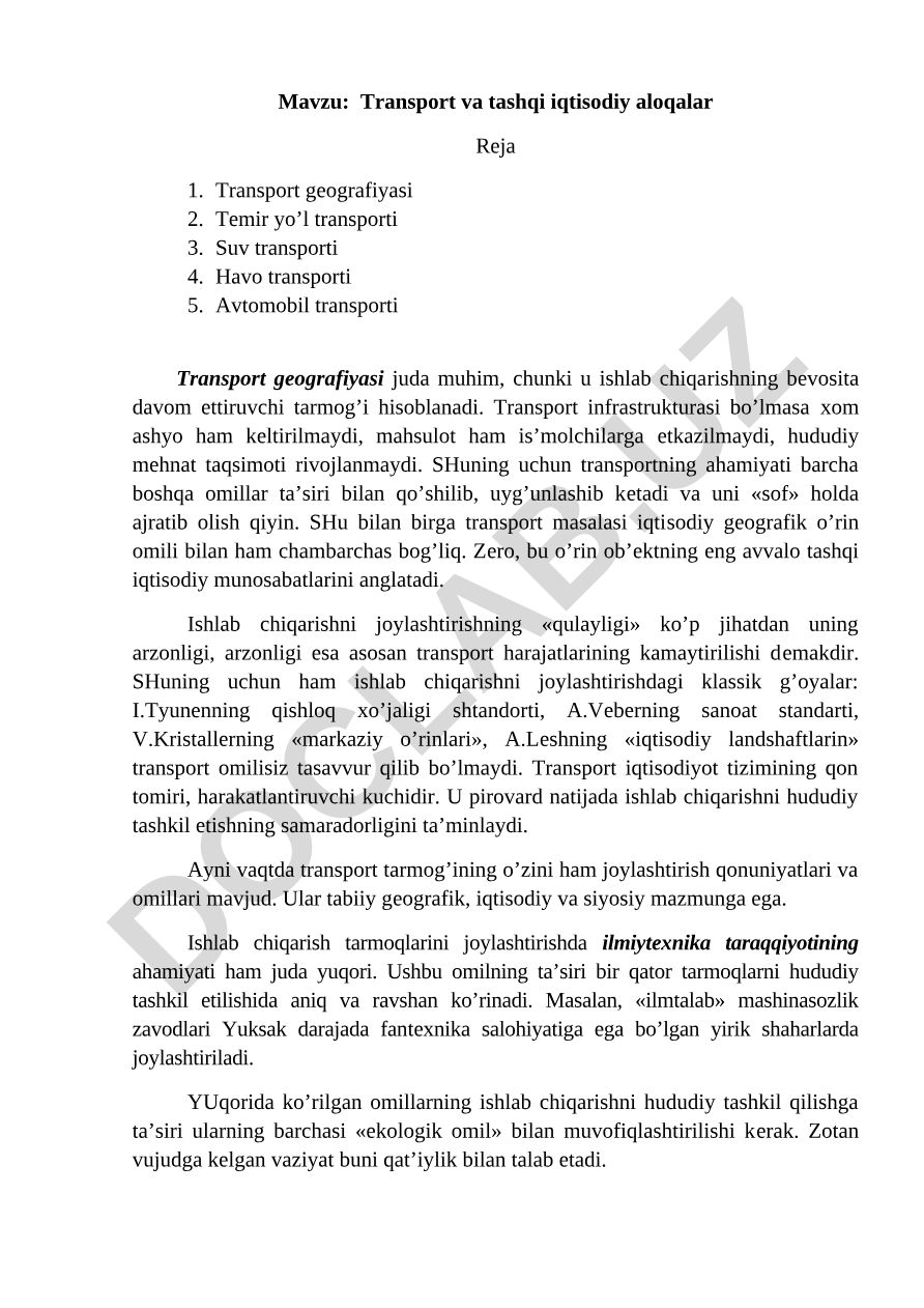 Transport va tashqi iqtisodiy aloqalar