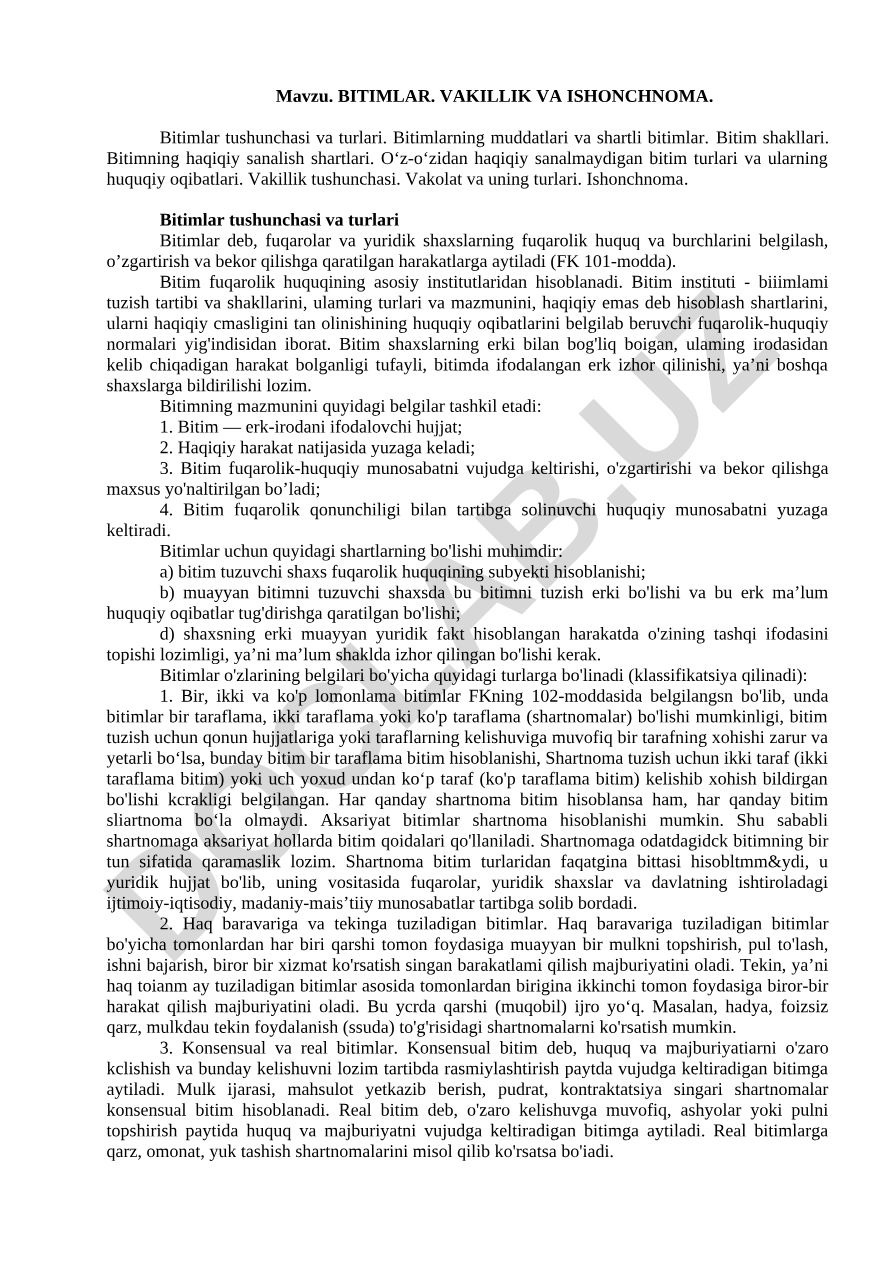BITIMLAR. VAKILLIK VA ISHONCHNOMA