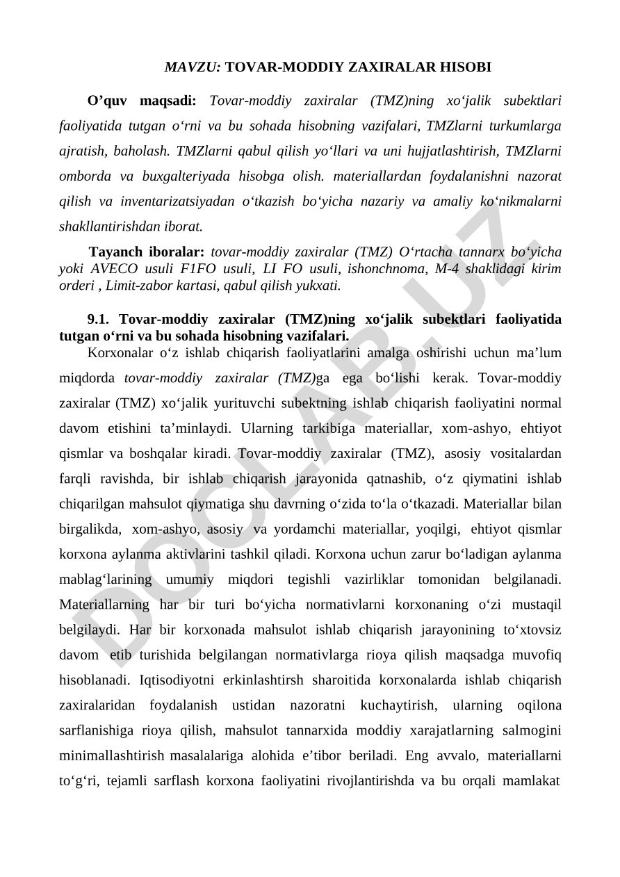 Tovаr-moddiy zаxirаlаr hisobi