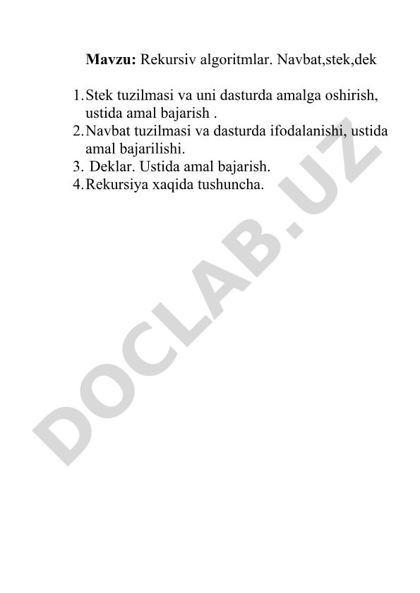 Rekursiv algoritmlar. Navbat, stek, dek
