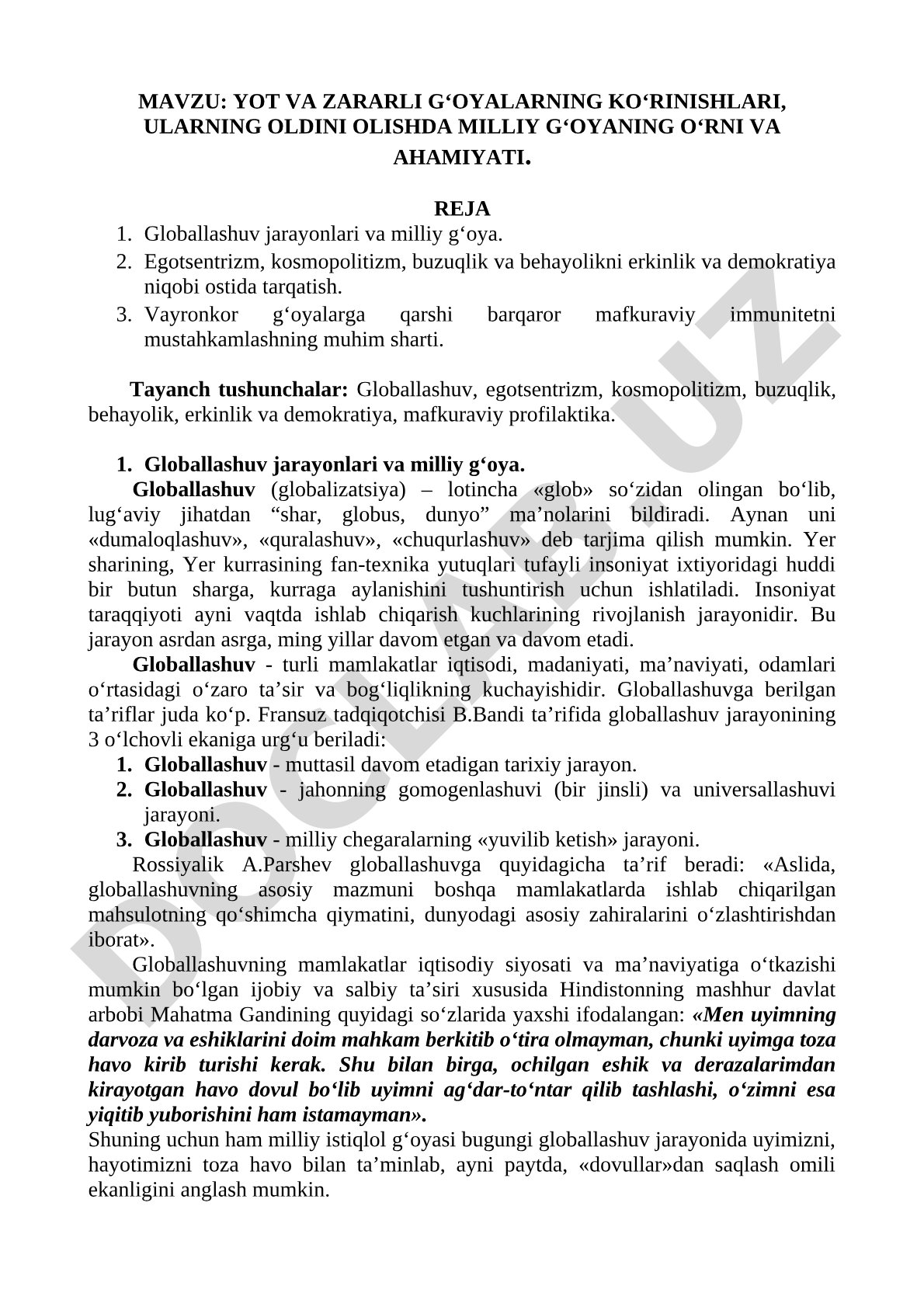 Yot va zararli g‘oyalarning ko‘rinishlari, ularning oldini olishda milliy g‘oyaning o‘rni va ahamiyati