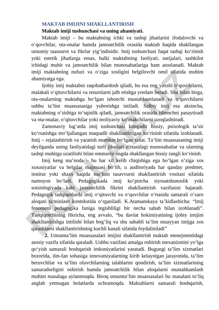 Maktab imiji tushunchasi va uning ahamiyati