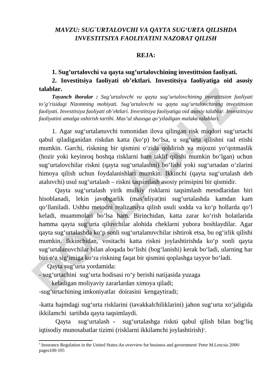 Sug'urtalovchi va qayta sug'urta qilishda investitsiya faoliyatini nazorat qilish