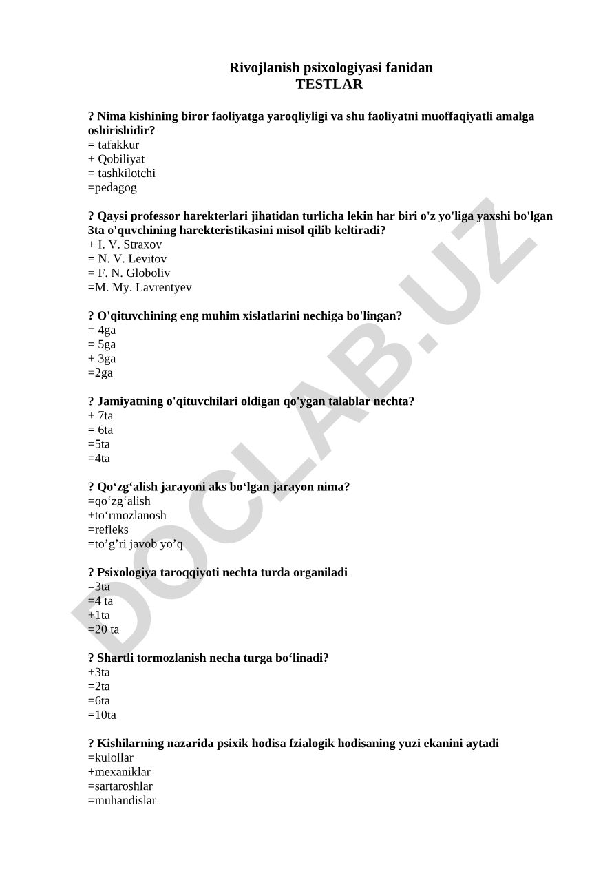 Rivojlanish psixologiyasi fanidan test savollari