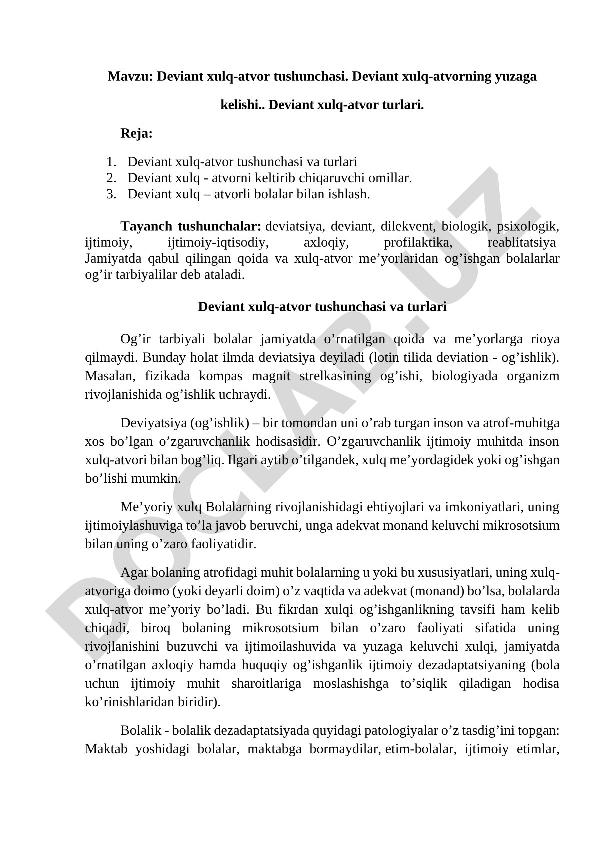 Deviant xulq-atvor tushunchasi. Deviant xulq-atvorning yuzaga kelishi.. Deviant xulq-atvor turlari
